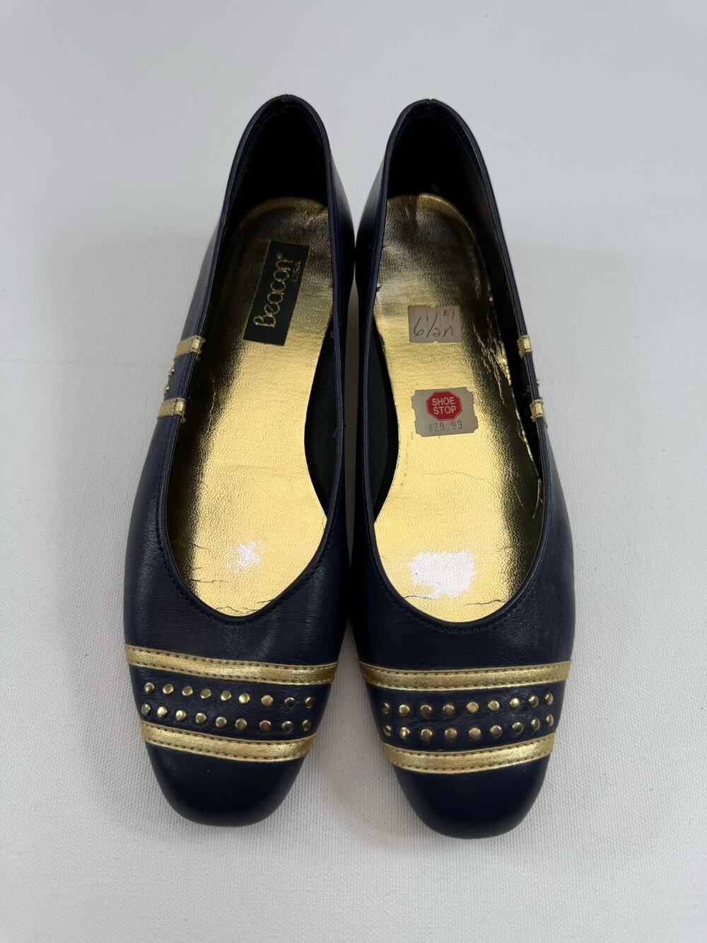 Vintage Beacon 80s 90s Navy Blue Gold Leather Flats | Studded Toe | Size 6.5